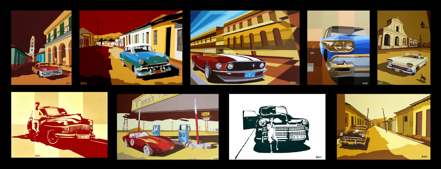 Belles voitures américaines, peintures de Dominique Massot